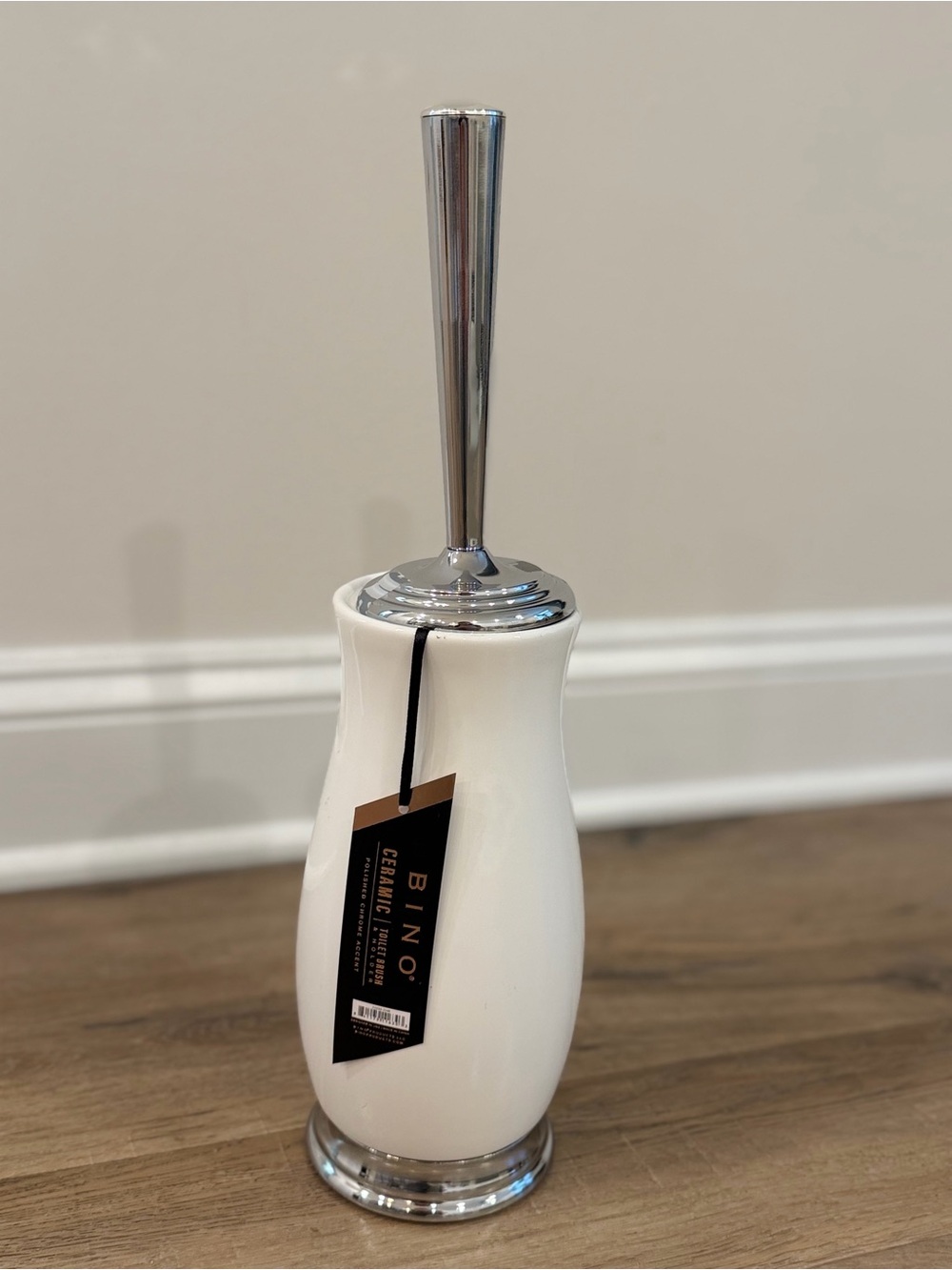 BINO White Ceramic Toilet Brush Holder Set Chrome Finish Freestanding Bathroom